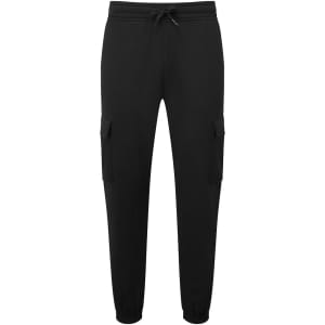 Unisex cargo joggers in black, featuring side pockets and an elastic waistband. Includes a logo.