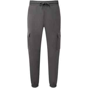 A pair of grey unisex cargo joggers featuring side pockets and a drawstring waistband.