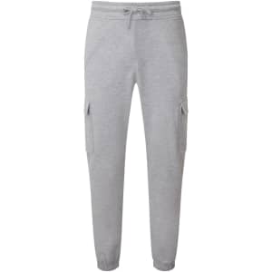 Grey unisex cargo joggers with side pockets and an elastic waistband. Features a logo.