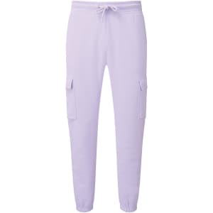 Unisex cargo joggers in light purple, featuring side pockets and a drawstring waist. Includes a logo.