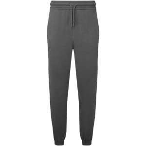 Unisex recycled joggers in dark grey with an elastic waistband and cuffs, featuring a logo.