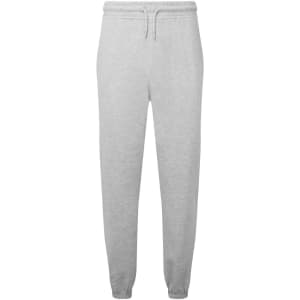 A pair of unisex joggers in grey with an elastic waistband and tapered legs. The joggers have a logo on them.