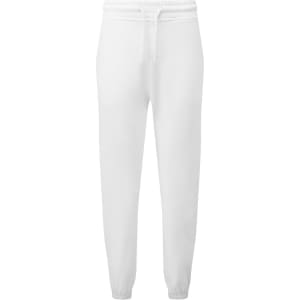 White unisex recycled joggers featuring an elastic waistband and drawstring, suitable for casual wear.