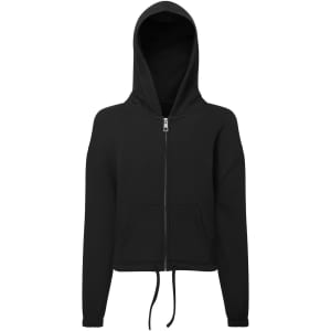 A black cropped oversized full-zip hoodie featuring a hood and front pockets, with a branding logo.