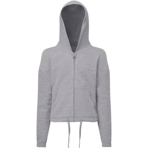 A grey cropped oversize full-zip hoodie with a hood and front pockets. It features a logo on the design.