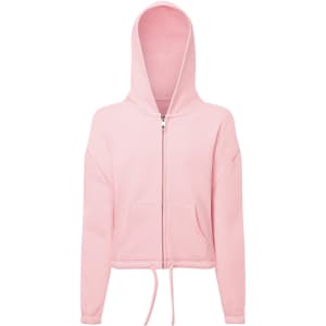 A pink cropped oversized full-zip hoodie featuring a hood, long sleeves, and a drawstring at the hem. It has a logo.