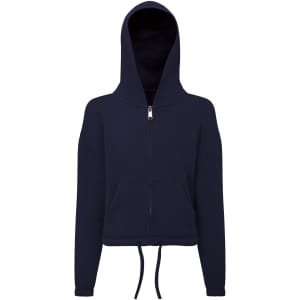 A navy blue cropped oversized full-zip hoodie with a hood and front pockets. It features a logo on the zipper.