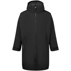 A black waterproof changing robe with a hood and zippered front, featuring side pockets and a relaxed fit.