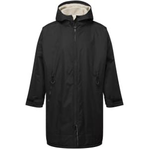 A black waterproof changing robe with a hood, featuring a soft inner lining and adjustable drawstrings.