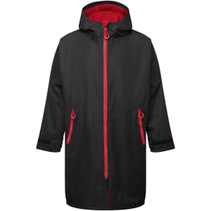 A black waterproof changing robe with a red interior and zip, featuring two front pockets and a hood.