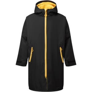 A black waterproof changing robe with a yellow fleece lining and zippered pockets, featuring a hood and front zip.