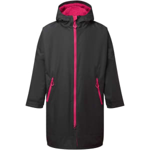 A black waterproof changing robe with a pink lining and zippers, featuring a hood and side pockets.