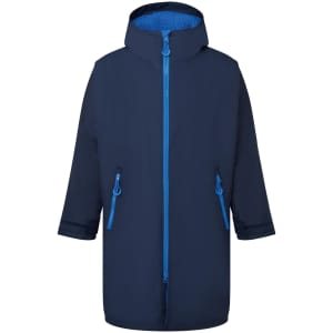 A waterproof changing robe in navy blue with a hood and blue zip, featuring two side pockets.