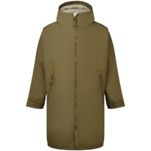 A waterproof changing robe in olive green, featuring a zip front and a hood, with side zip pockets.