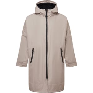 A lightweight beige waterproof changing robe with a hood, featuring a zip front and side pockets.