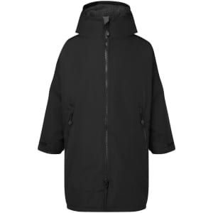 A black all-seasons waterproof changing robe with a hood, featuring a front zip and side pockets.