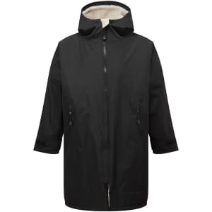A black waterproof changing robe with a hood and zip, featuring two front pockets and a soft interior lining.