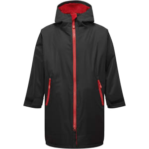 A black waterproof changing robe with a red interior and zippers, featuring a hood and two side pockets.