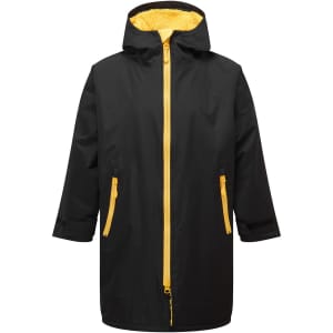 A black waterproof changing robe with a yellow lining and zip, featuring pockets and a hood.