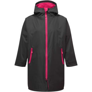 A black waterproof changing robe with a pink zip and inner lining, featuring two zippered front pockets and a hood.