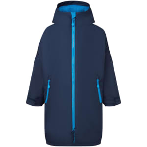 A navy waterproof changing robe with a hood and bright blue zip, featuring two front pockets.