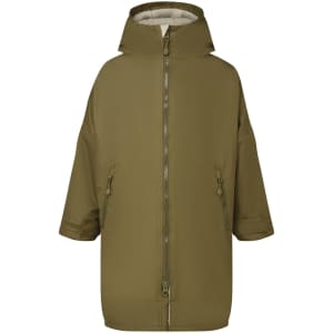 A green waterproof changing robe with a hood, featuring a zip front and side pockets. It has a soft inner lining.