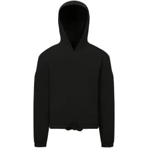 A black cropped oversized hoodie featuring a hood and elastic cuffs, with a logo on the front.