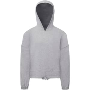 A grey oversized cropped hoodie with a hood and drawstring at the bottom, featuring long sleeves.