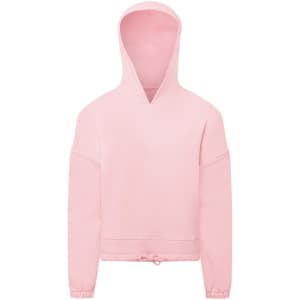 A pink cropped oversize hoodie with long sleeves and a drawstring hem, featuring a hood.