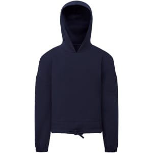 A navy blue cropped oversized hoodie with a hood and drawstring at the hem. It has a branded logo.
