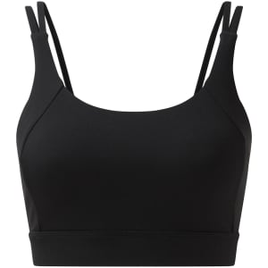 A black sports bra with a crossback design, featuring thin adjustable straps and a simple, sleek style.