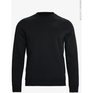 A black unisex sweatshirt featuring a crew neckline and long sleeves, made from organic cotton. It includes a logo.