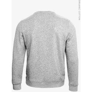 A grey unisex sweatshirt with a simple design and a logo, made from organic cotton, viewed from the back.