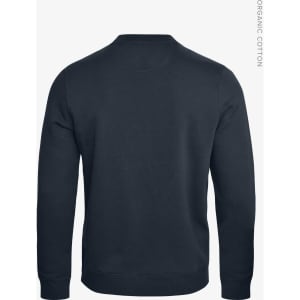 A navy unisex sweatshirt made of organic cotton, featuring a simple design with a logo on the back.