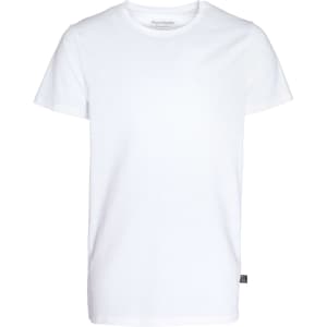 A white men's T-shirt with a classic crew neck and short sleeves. It features a small logo.