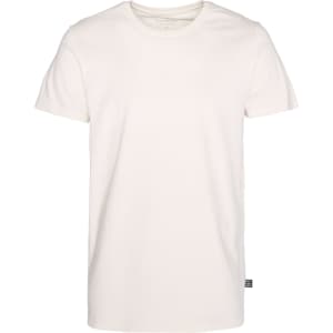 A plain white men’s T-shirt with short sleeves and a small logo on the side.