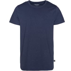 A navy blue men's T-shirt with a crew neckline and short sleeves, featuring a logo on the side.