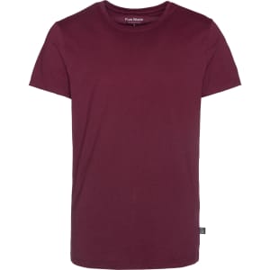 A burgundy men's t-shirt with a crew neck and short sleeves, featuring a small logo on the side.