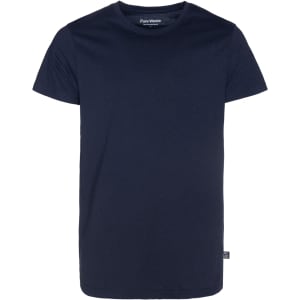 A navy blue men's T-shirt with a round neckline and short sleeves, featuring a logo on the label.