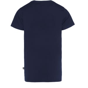 A navy blue men's t-shirt featuring a simple design and a small logo on the lower side.