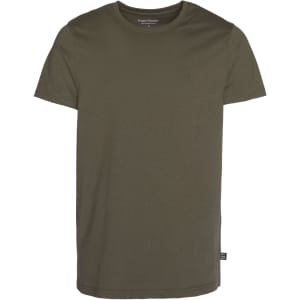 An olive green men's T-shirt with a round neck and short sleeves, featuring a logo on the side.