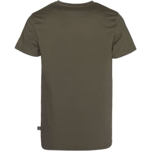 A men's T-shirt in olive green, featuring a plain back and a small logo tag on the side.