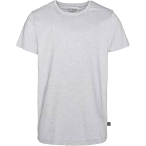 A grey men's t-shirt with a crew neckline and short sleeves, featuring a small logo tag on the side.