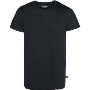 A black men's t-shirt with a round neck and short sleeves, featuring a small logo tag at the hem.