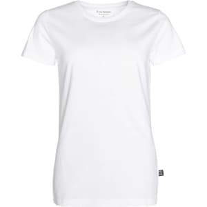 A white women's T-shirt with a crew neck and a logo at the hem. Simple and classic design.