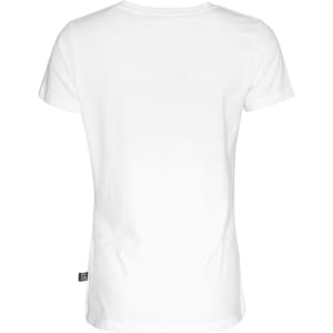 A white women's T-shirt featuring a short sleeve design and a small logo on the side.