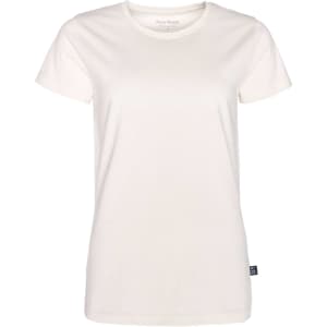 A women's T-shirt in white, featuring a standard crew neckline and short sleeves. Includes a branding logo.