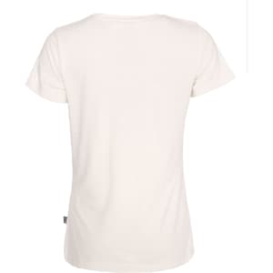 A white women's t-shirt with short sleeves and a back view, featuring a small logo at the hem.