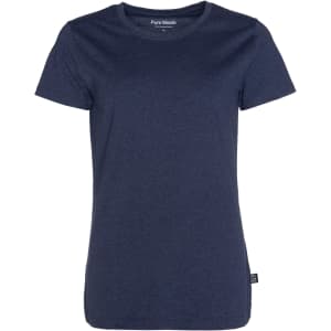 A navy women's t-shirt with a crew neckline and a simple design. The shirt features a logo tag on the side.