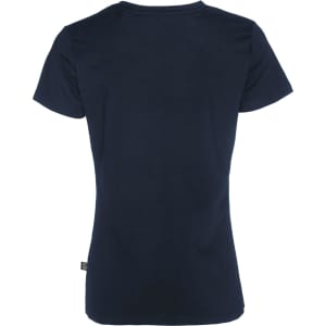 A navy women's T-shirt with a fitted design and short sleeves. It features a small logo on the side.